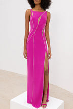 Sparkly Rhinestone Mesh Panel Sleeveless Split Evening Maxi Dress - Hot Pink