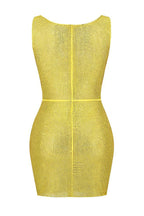 Sparkly Rhinestone Rosette Cutout Semi Sheer Mesh Sleeveless Party Mini Dress - Yellow