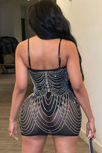 Sparkly Rhinestone Sweetheart Neck Sheer Mesh Bodycon Party Mini Dress - Black