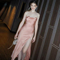 Rhinestone Trim Cowl Neck High Split Backless Maxi Dress - Pink