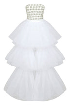 Sparkly Rhinestone Tube Top Layered Tulle High Low Evening Dress - White