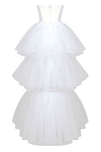 Sparkly Rhinestone Tube Top Layered Tulle High Low Evening Dress - White