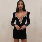 Rhinestone V Neck Long Sleeve Velvet Party Mini Dress - Black