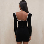 Rhinestone V Neck Long Sleeve Velvet Party Mini Dress - Black