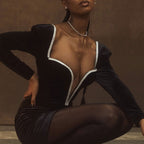 Rhinestone V Neck Long Sleeve Velvet Party Mini Dress - Black