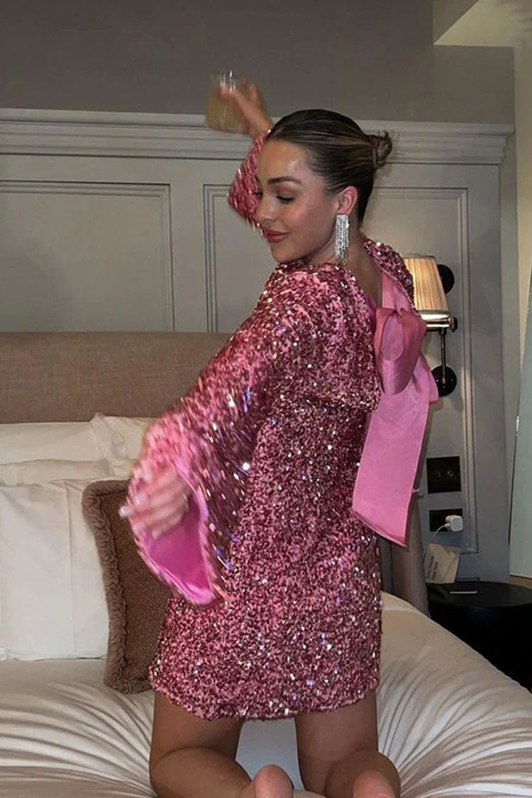 Sparkly Sequin Bow Tie Long Sleeve Oversized Velvet Party Mini Dress - Hot Pink