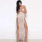 Sequin Deep V Neck High Slit Cocktail Maxi Dress - Gold