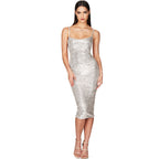 Sequin Scoop Neck Bodycon Cocktail Midi Dress - Silver