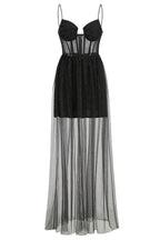 Sparkly Sweetheart Cami Sheer Tulle Corset Evening Maxi Dress - Black