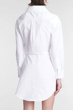 Sparkly Tie Waist Collared Long Sleeve Button Down Mini Shirt Dress - White