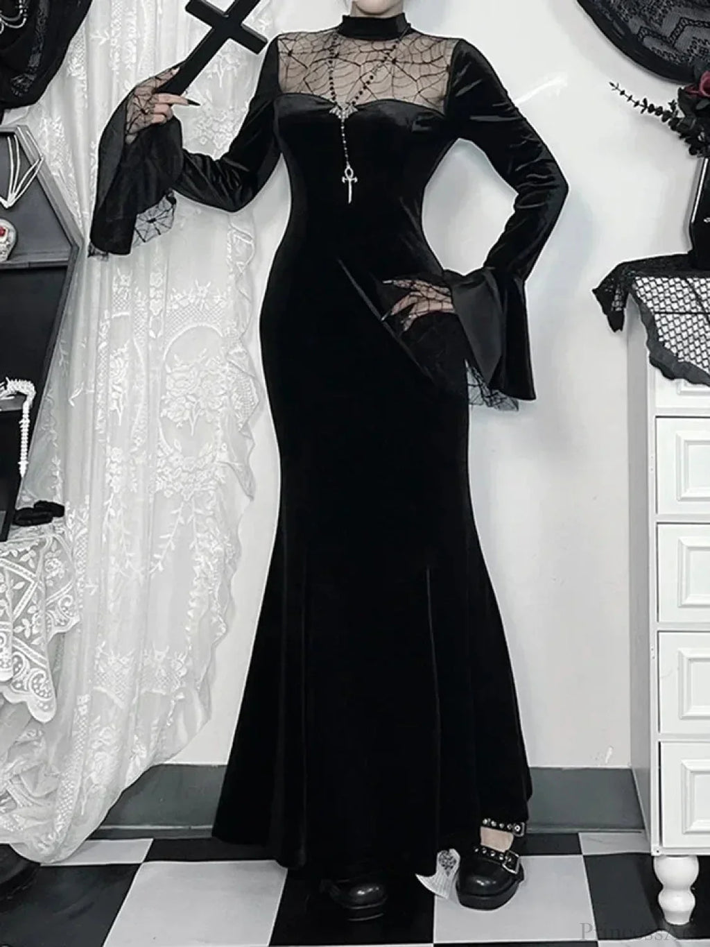 Spider Web Mesh Patchwork Long Dress