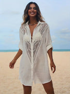 Spliced Lace Turn-Down Collar Cover Up