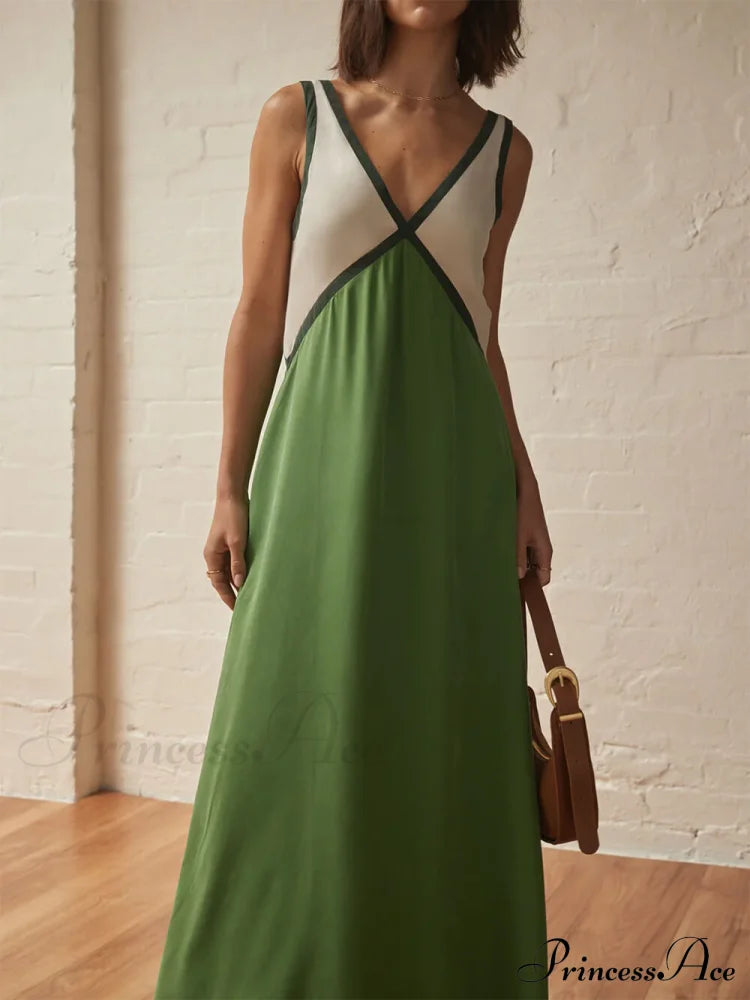 Splicing Chic V-neck Charming Contrasting Color Dress