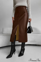 Split Design Fleece Lined Faux Leather Vintage Skirt