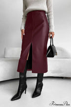 Split Design Fleece Lined Faux Leather Vintage Skirt