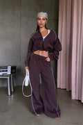 Sporty Color Block Hooded Straight-Leg Pants Two Piece Set