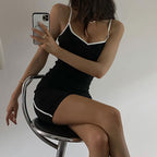 Trim Spaghetti Strap Mini Dress - Black