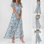Sara Effortless Long Dress with Short Sleeves and Floral Print Statement Occasion Edit