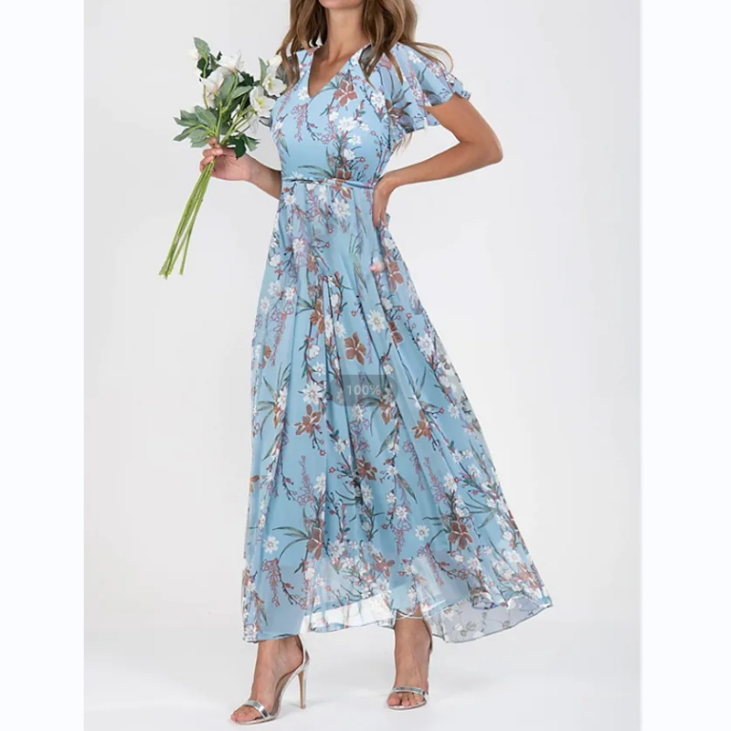 Lucrecia Exclusive Long Dress with Short Sleeves and Floral Print Statement Occasion Edit