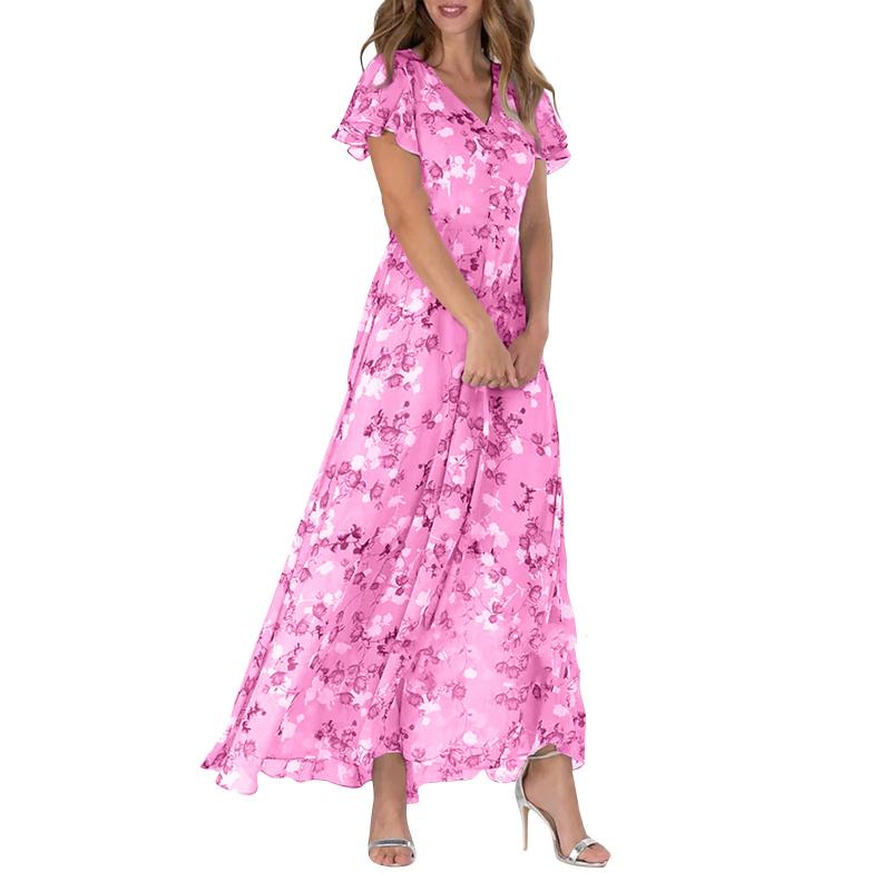 Sara Effortless Long Dress with Short Sleeves and Floral Print Statement Occasion Edit