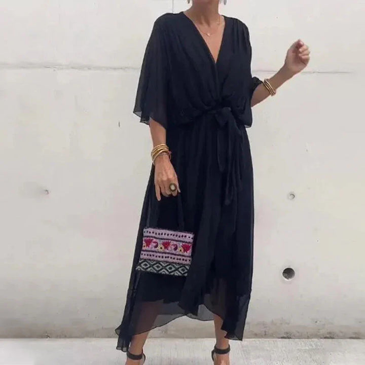 Natasha Minimalist Midi Dress with V Neckline and Loose Sleeves Chic Silhouette Collection