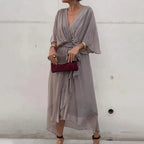 Natasha Minimalist Midi Dress with V Neckline and Loose Sleeves Chic Silhouette Collection