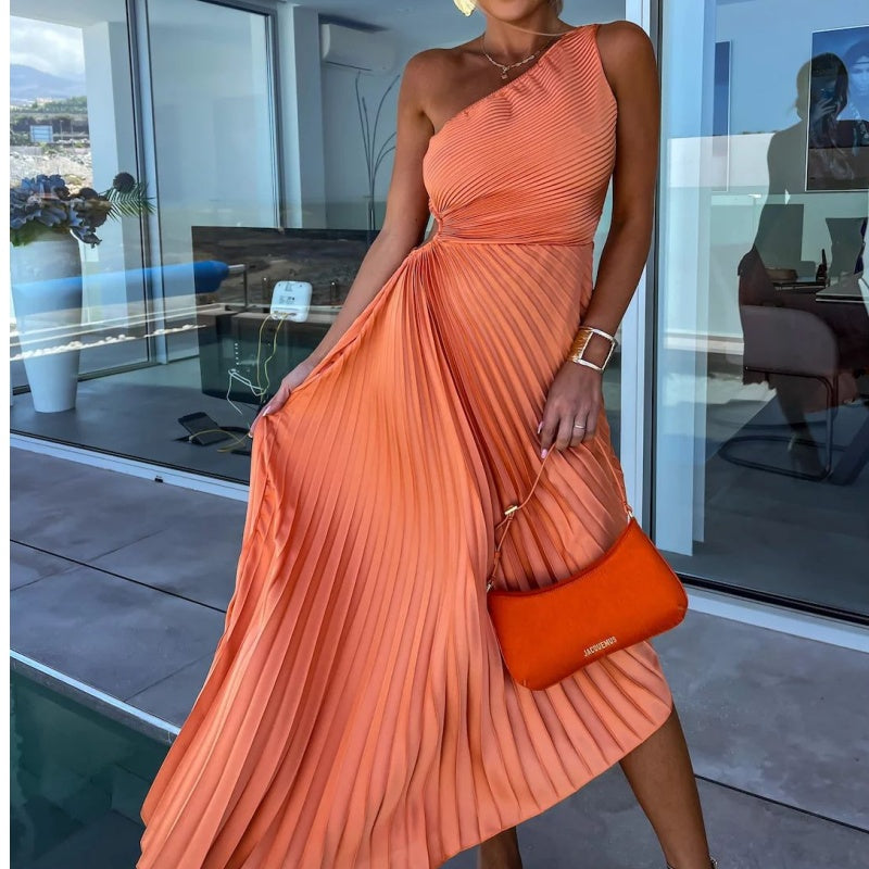 Antonia Timeless One Shoulder Pleated Maxi Dress with Hemstitching Statement Occasion Edit