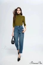 Spring New High Waist Retro Washed Blue Straight Jean