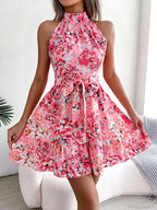 Spring Summer Floral Halter Neck Lace-up A-line Floral Dress