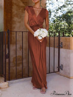 Spring/Summer Satin Solid Color Graceful V-Neck Fishtail Party Dress