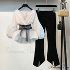 Bow Lantern Flare Pants Striped Blouse Two Piece Set