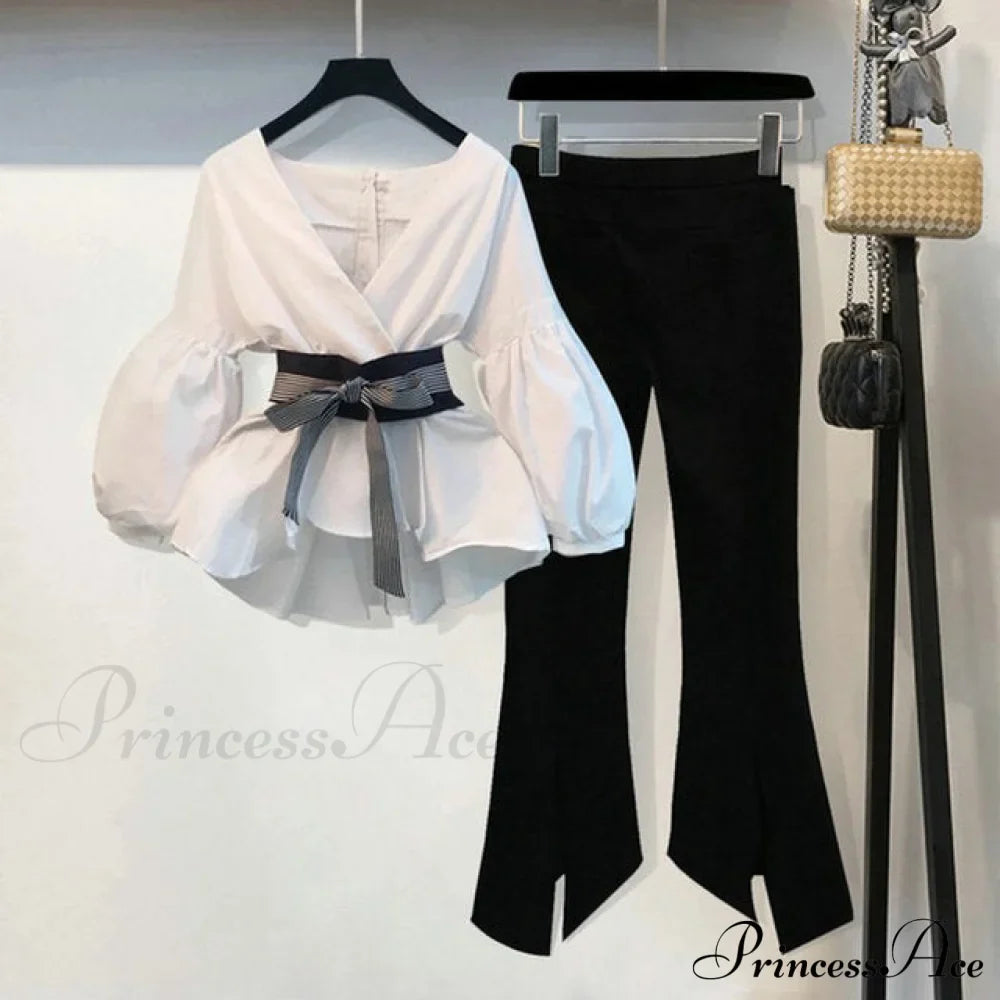 Bow Lantern Flare Pants Striped Blouse Two Piece Set