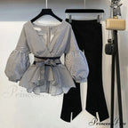 Bow Lantern Flare Pants Striped Blouse Two Piece Set