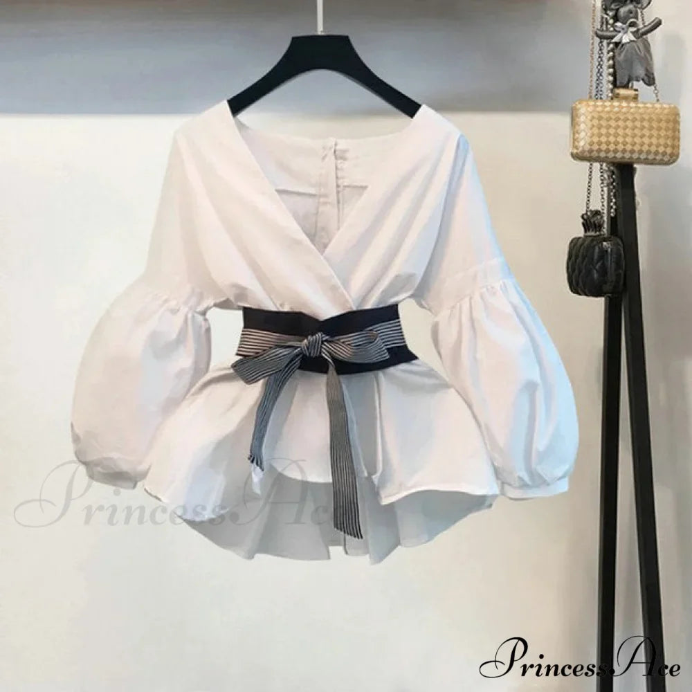 Bow Lantern Flare Pants Striped Blouse Two Piece Set