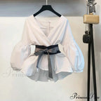 Bow Lantern Flare Pants Striped Blouse Two Piece Set