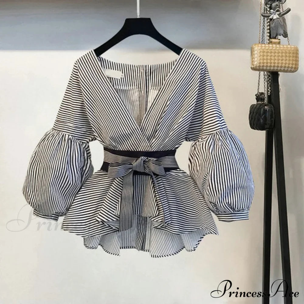 Bow Lantern Flare Pants Striped Blouse Two Piece Set