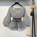 Bow Lantern Flare Pants Striped Blouse Two Piece Set