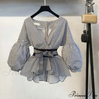 Bow Lantern Flare Pants Striped Blouse Two Piece Set