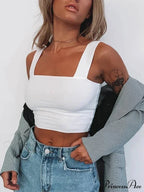 Square Neck Sleeveless Summer Crop Women Black Casual Basic T Shirt Off Shoulder Cami Sexy Backless Tank top