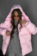 Stand Collar Striped Hooded Warm Quilted Coat