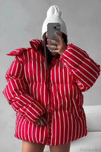 Stand Collar Striped Hooded Warm Quilted Coat
