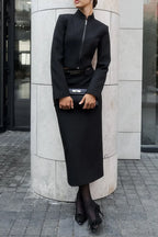Stand Collar Zipper Slim Fit Long Sleeve Split Two Piece Set