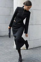 Stand Collar Zipper Slim Fit Long Sleeve Split Two Piece Set