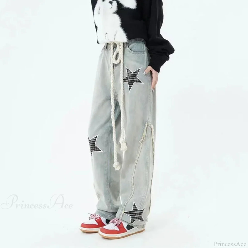 Stars Embroidery High Waist Jeans Pants