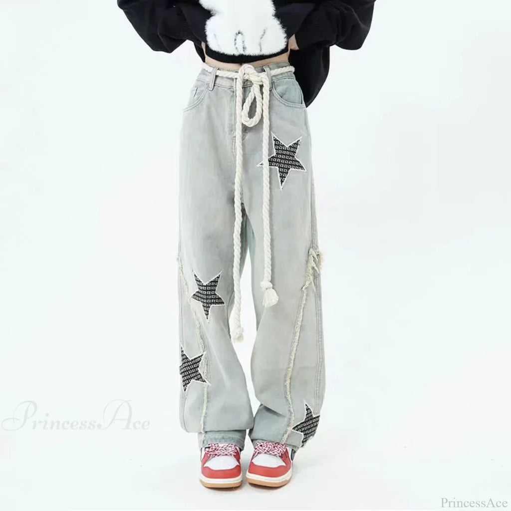 Stars Embroidery High Waist Jeans Pants