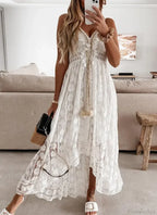 Strap Sleeveless Deep V-neck Tassel Lace Maxi White Boho Dress