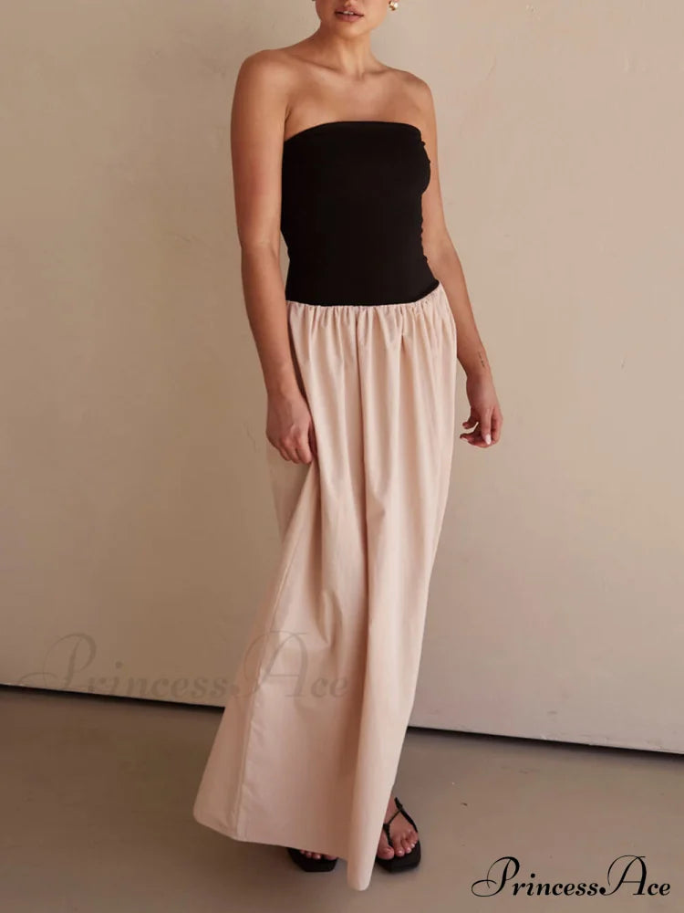 Strapless Black And Charming Sand Paneled Maxi Dress
