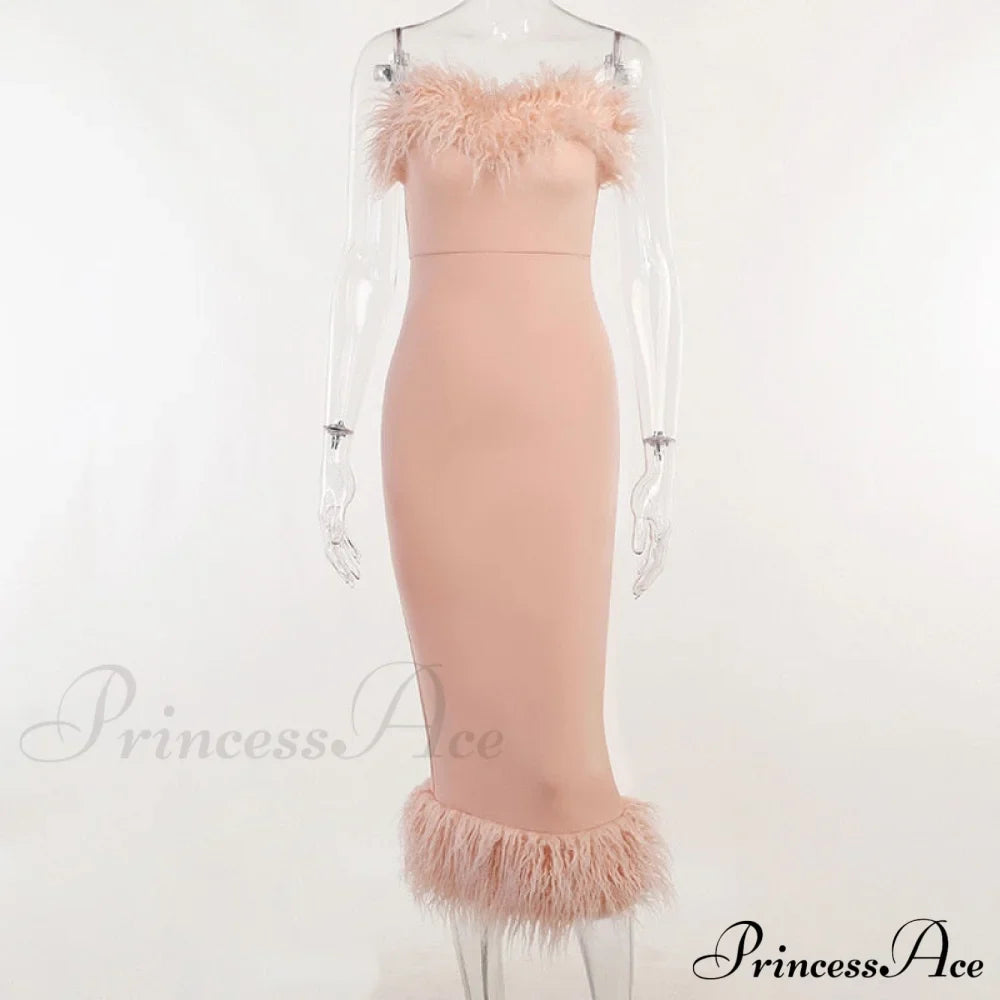 Strapless Feather Evening Sexy Corset Bodycon Midi Dress