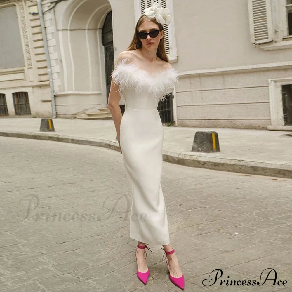 Strapless Feather Evening Sexy Corset Bodycon Midi Dress