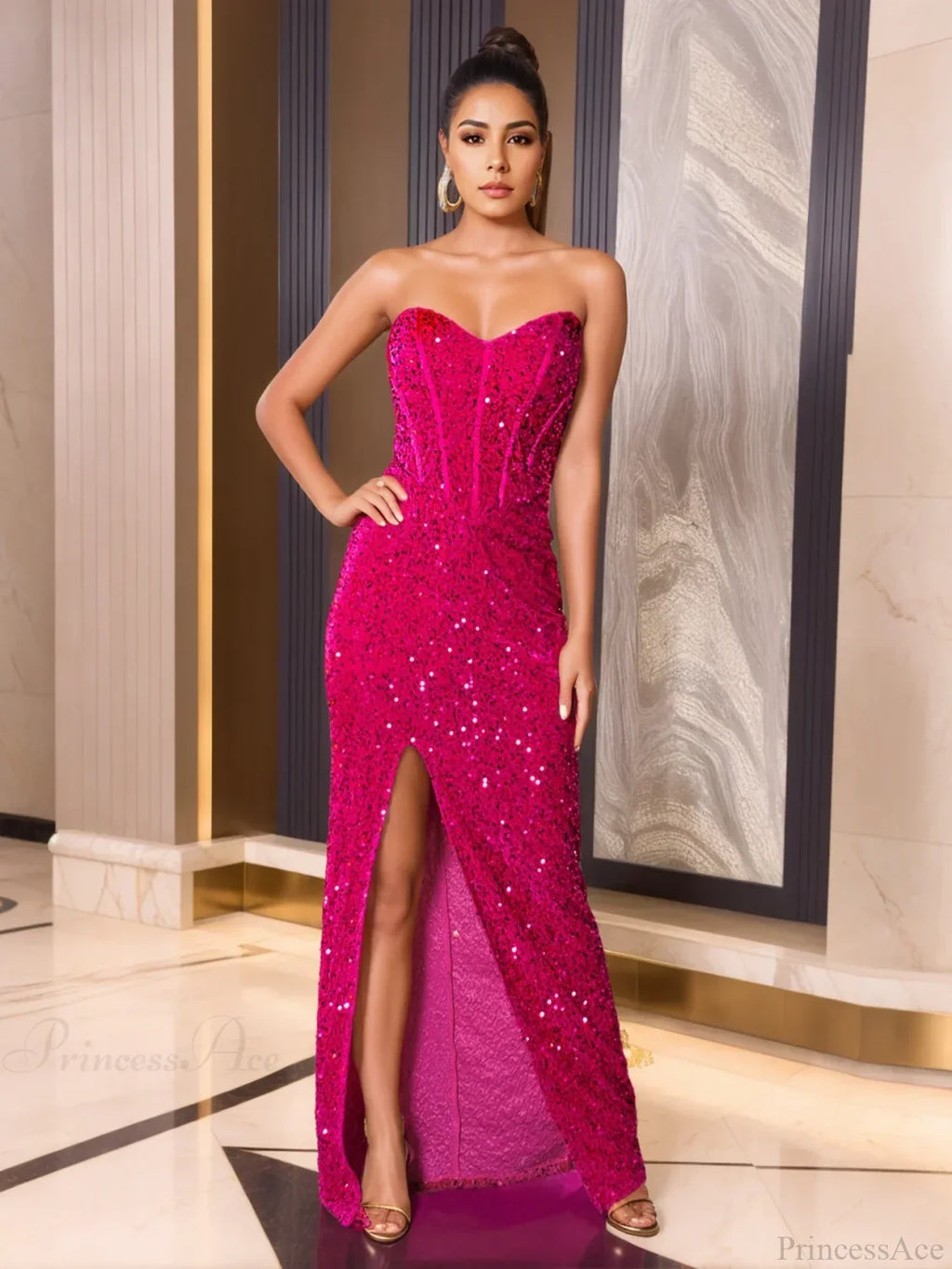 Strapless Fish Bone Slit Party Dress